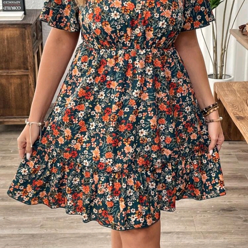 Floral Print Ruffle Sleeve Dress